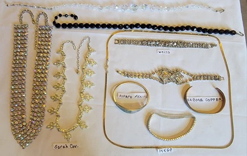 Vintage Costume Jewelry Lot – 10 Pieces – Rhinestone Necklaces, Bracelets, Glass