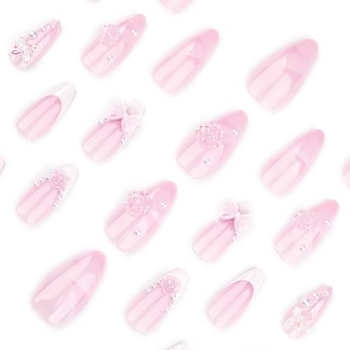 24 Pcs Pink Press on Nails Short Almond - White French Nail Tip Short-A11 - Picture 2 of 7