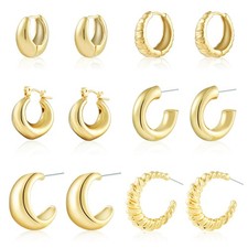 6 Pairs Gold Hoop Earrings for Women, 14K Gold Plated Lightweight Chunky Hoop Ea