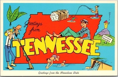 TENNESSEE Comic Map Large Letter Postcard ''The Moonshine State'' Curteich c1965