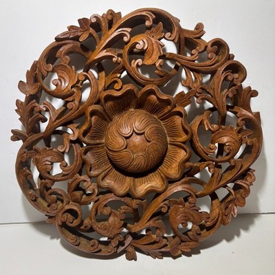 Burmese Teak Wood Floral Lotus Mandala 3D High Relief Wall Panel 11.5''