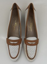 VTG 70s Salvatore Ferragamo Boutique White/Tan Leather Loafers Sz 7.5 AAA RARE