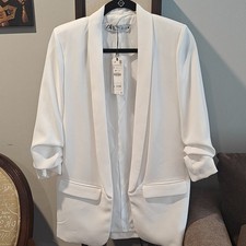 Zara White Open Front Collared Lined Blazer w/ Pockets 3/4 Sleeve S 2761/040/712