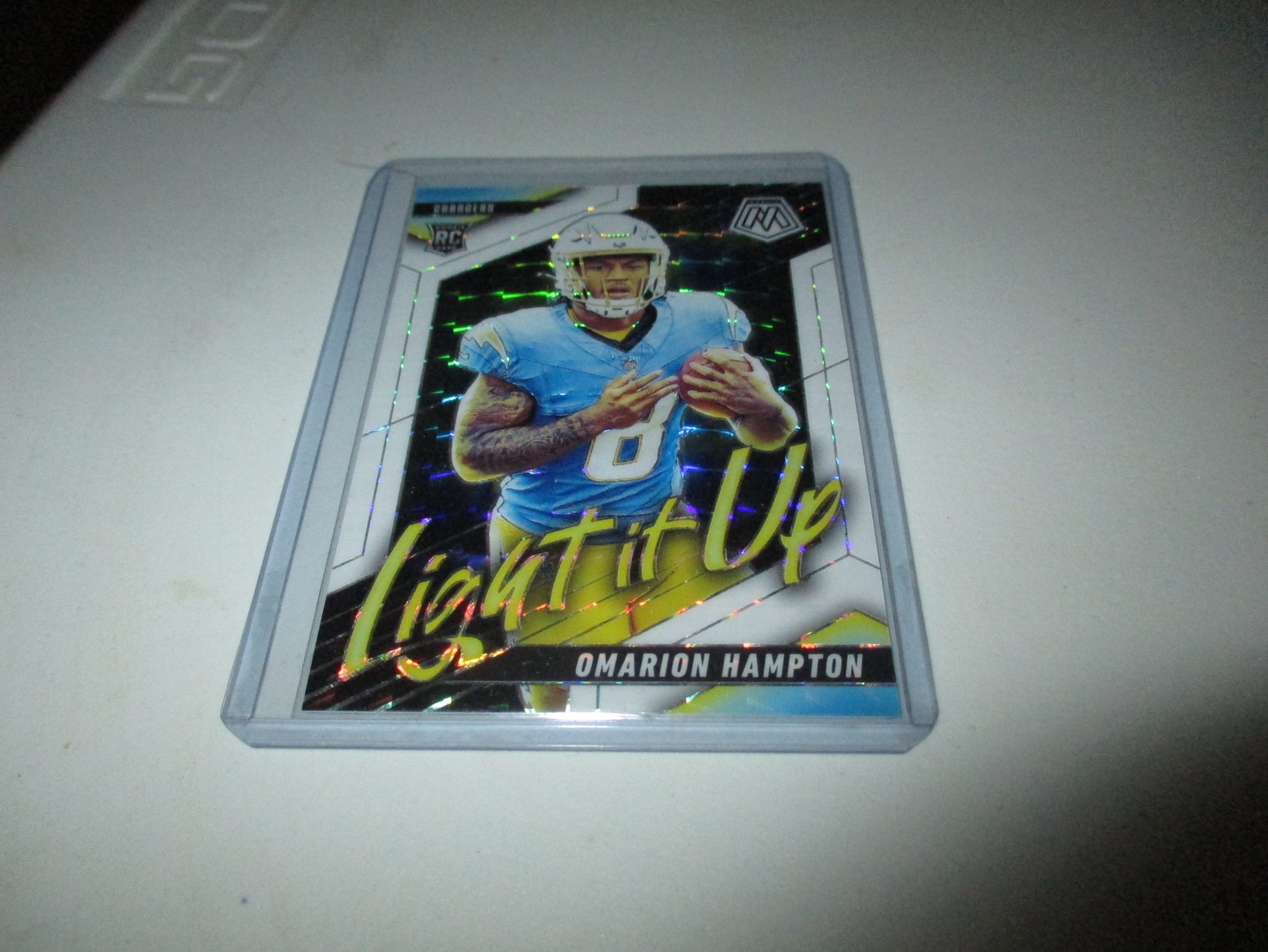 Omarion Hampton 2025 Panini Mosaic Light it Up White Prizm RC #12 1/25