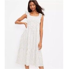 Ann Taylor LOFT Clip Dot Striped Smocked Ruffle A-Line Midi Dress White Small