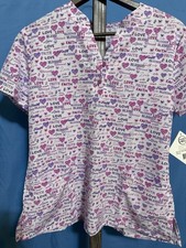 Divine Stretch Women's Scrub Top Size M Heart Love Print Front Pockets V Neck  