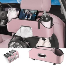 Pink Car Back Seat Organizer Tissue Storage Box 2 Drink Cup Holder Hook