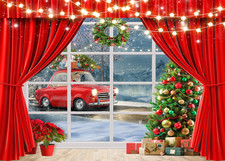 7X5Ft Christmas Window Backdrop with Red Curtain  Tree - Car Photo Background