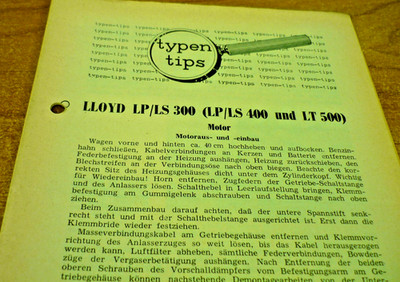 Typen Tips Werkstattinformation Reparaturanleitung LLOYD LP/LS 300,400 LT 500