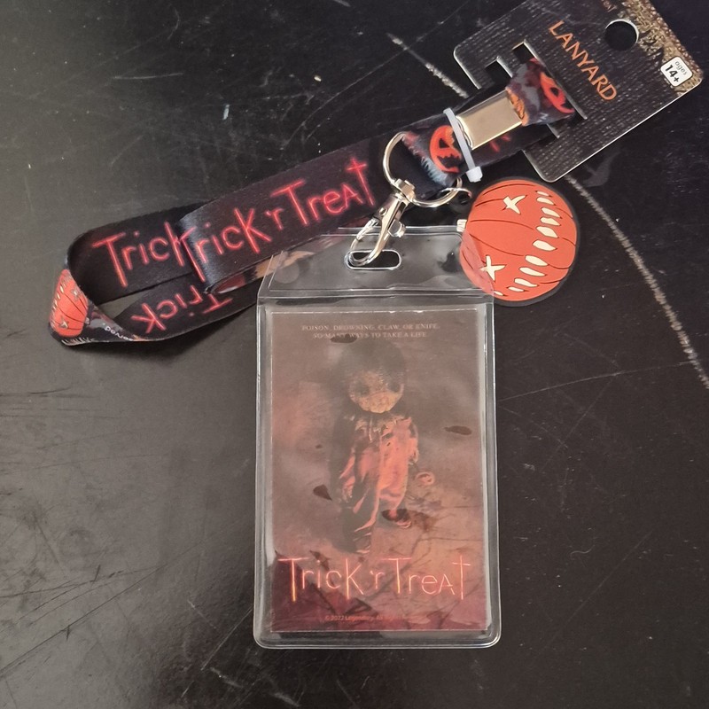 Spirit Halloween Trick 'r Treat Sam Lanyard ID Badge Holder Black/Orange Pumpkin