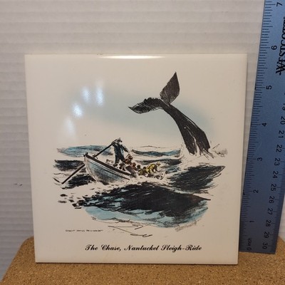 VTG 1950/60s Handcraft Ceramic Art Tile CHASE Nantucket Sleigh Whale Hunt 6 x6 