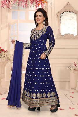 Bollywood Indian Designer Latest Blue Anarkali w/Golden embroidery &  Dupatta | eBay