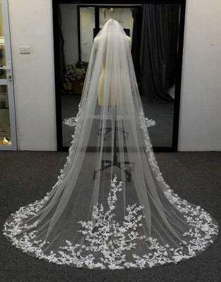 3D Flowers Floral Veil 1 Tier Cathedral Lace Edge Exquisite Petals Elegant Veils