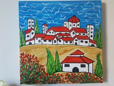 QUADRO MODERNO ASTRATTO DIPINTO A MANO BORDI DIPINTI PAESAGGIO 50x50x4cm  RIF185