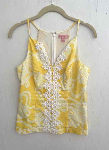 LILLY PULITZER Magnolia Yellow Floral V Neck Top Embroidered Applique Size 2