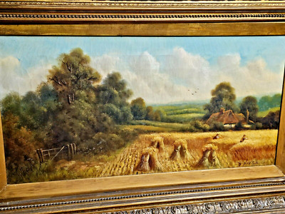 BEAUTIFUL 1880s O/C LANDSCAPE PAINTING WHEAT HARVESTING FARM SCENE Signd D HAYES