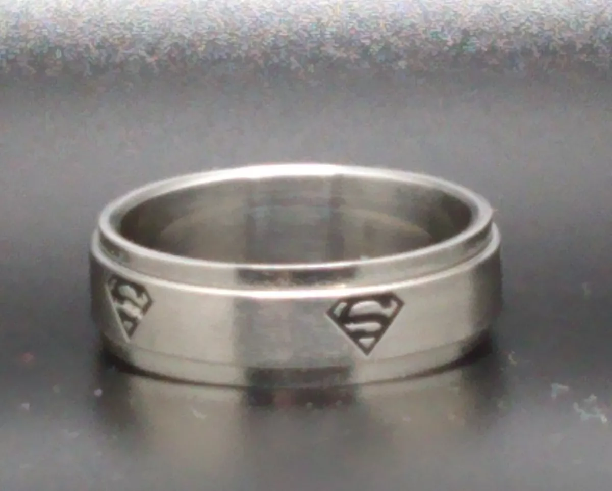 Brushed Stainless Steel Superman Logos Embossed Spinner Size 13 Ring