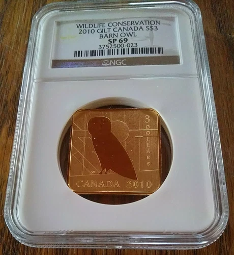 2010 NGC SP 69 GILT Canada $3 BARN OWL - Gold Plated Sterling Silver Coin