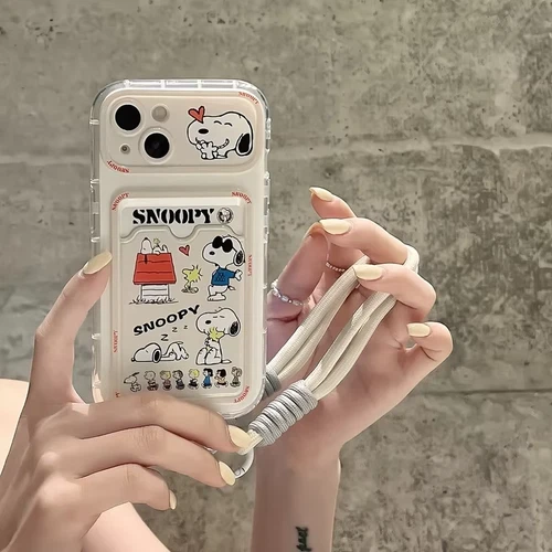 Cartoon Phone case Peanut Snoopy+card pocket+lanyard for iPhone 16 12 11 Pro Max - Picture 9 of 15