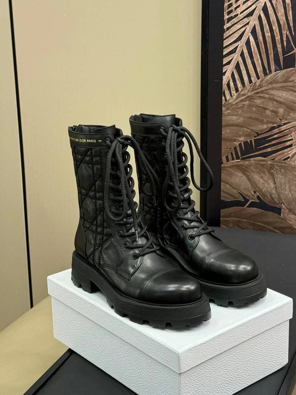 Bottines Dior D Unit noires matelassées cannage veau   Croisière 2024, taille 38