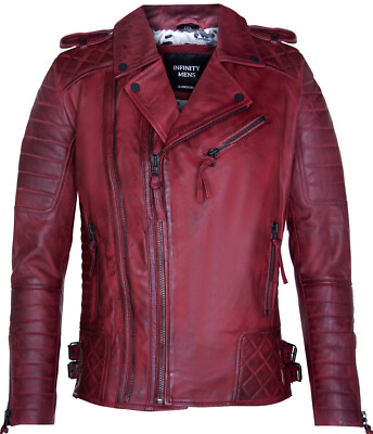Men's Burgundy Leather Biker Jacket Quilted Retro Brando