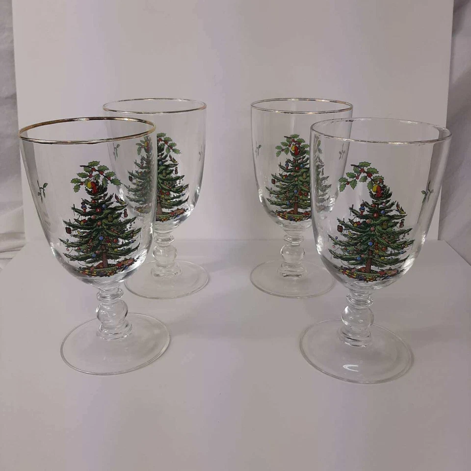 Spode Glass Christmas Tree Pedestal Water Goblets Gold Rim Set of 4 In Box VTG - Image 2 of 4