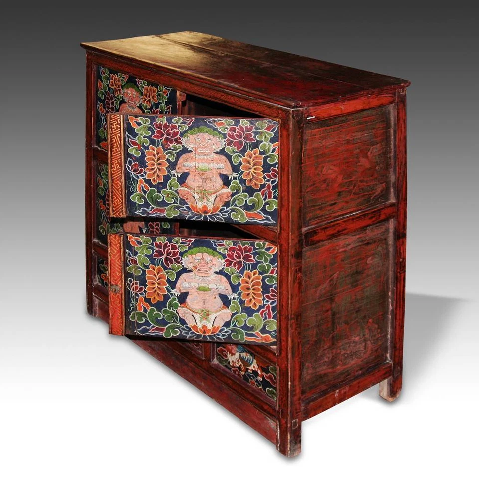 RARO GABINETE ANTIGUO PINTADO MADERA DE PINO TIBETANO BUDISMO MUEBLES CHINOS SIGLO XIX. Foto 2 de 4