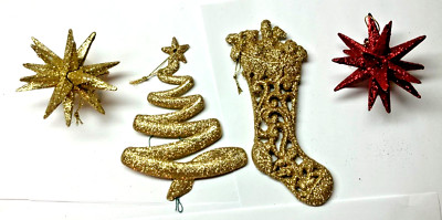Vintage Gold-Red Glitter Stars Stocking Christmas Holiday Ornament Lot of 4 VG!