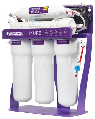 Ecosoft P'URE Alkafuse reverse osmosis filter on metal rack with pump