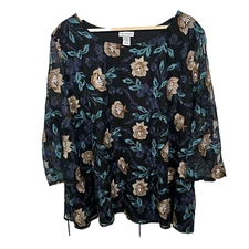 Catherines Top Size 4x Floral Embroidered Mesh Overlay Romantic Sheer Sleeves