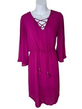 Everly Purple Bell Sleeve Dress Career Crisscross Tie Neck & Tassel Waist Tie Sm