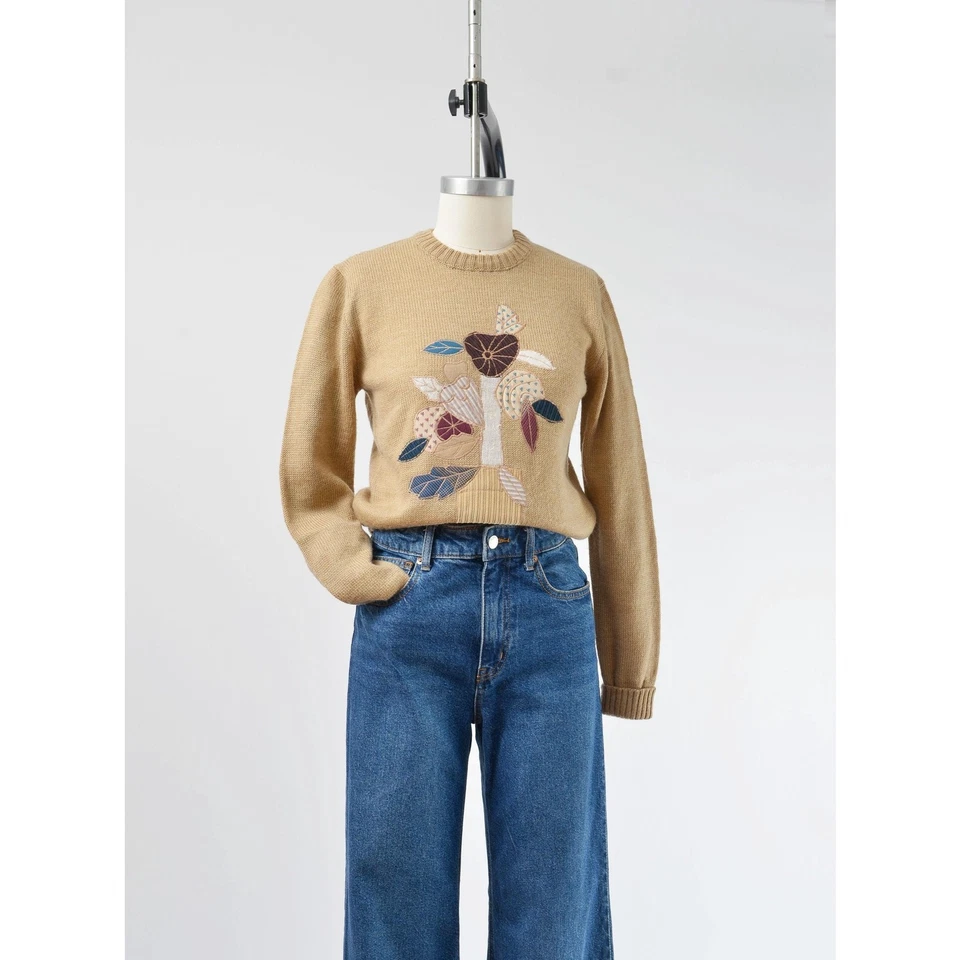 Suéter Vintage Años 70 Maceta Floral Cuello Redondo Ajustado Boho Hippie XS S Foto 2 de 4