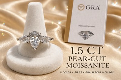 Ring 1,5 kt D-Farbe Moissanit Birnenschliff drei Steine Größe 8 GRA Bericht Reiki