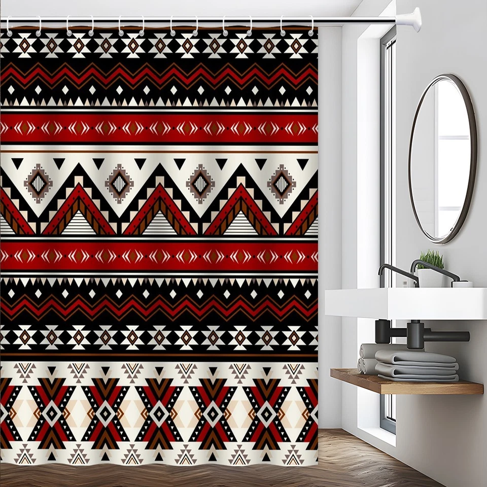 Cortina de Ducha Vintage Suroeste Navajo Geométrica Retro Decoración con Ganchos Foto 4 de 4