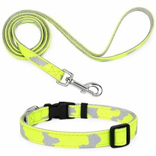 Reflective Print Dog Collar and Leash Set Yellow Gray NEW