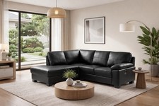 Black High Grade Genuine Leather Corner Sofa with USB Charging – BROOKLYN -LH