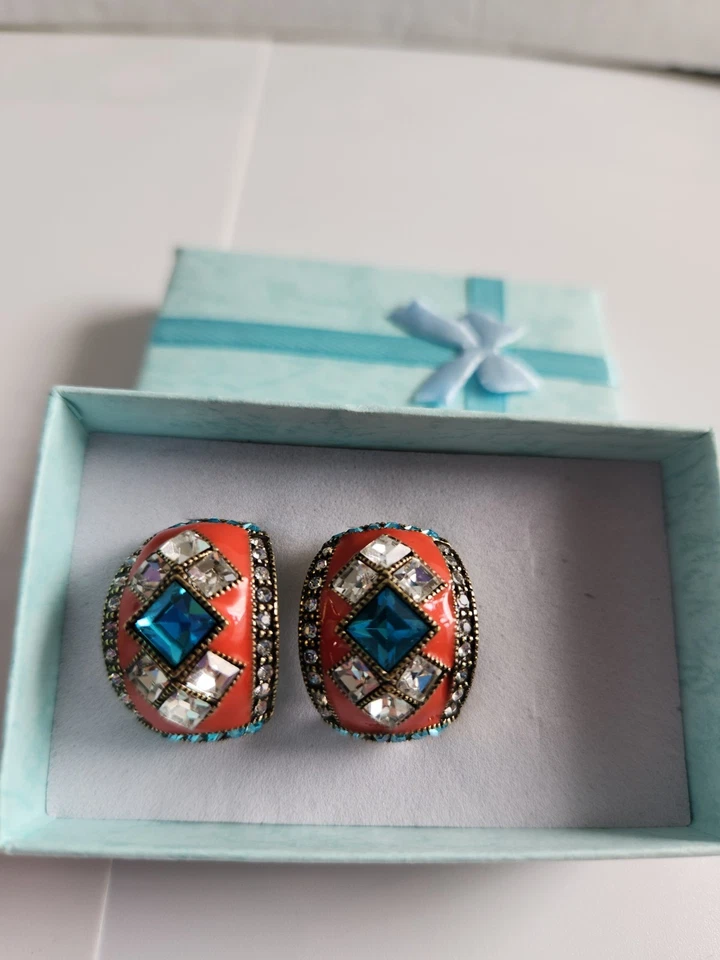 Heidi Daus Art Deco Master Pierced Clasp 1/2 Hoop Earrings Swarovski And Enamel - Image 2 of 4
