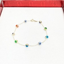 1155- NEW 14K Yellow Gold Multi Color Evil Eye Bracelet 7.5 in W.G