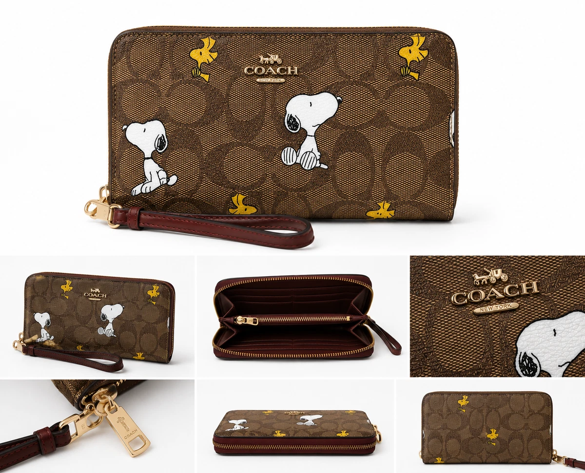COACH x PEANUTS Long Zip around Wallet Snoopy Woodstock Khaki
