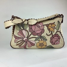 Borsa boho vintage anni 2000 ISABELLA FIORE pelle panna ricamata fiori smerlata