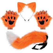 Faux Fur Fox Tail Clip Ears Gloves Set Women Halloween