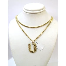 10k Real Gold Chain Miami Cuban Link 2.5mm U Initial Charm Necklace Pendant SET