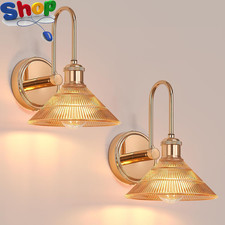 Wall Sconce Set of 2, Gold Vintage Light Fixtures with round Amber Glass Lampsha