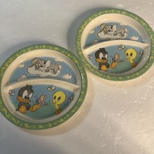 Loony Toons Babies Divided Plates Dish Baby Bugs Tweety Daffy Duck Set Of 2