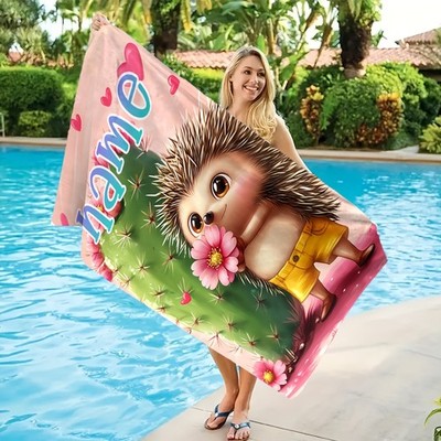 1 Personalized Custom Beach Towel Featuring a Hedgehog And Cactus Design, Larg