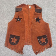 Vintage Kids Suede Leather Western Fringe Vest Rust Brown Star Cowboy Rodeo USA