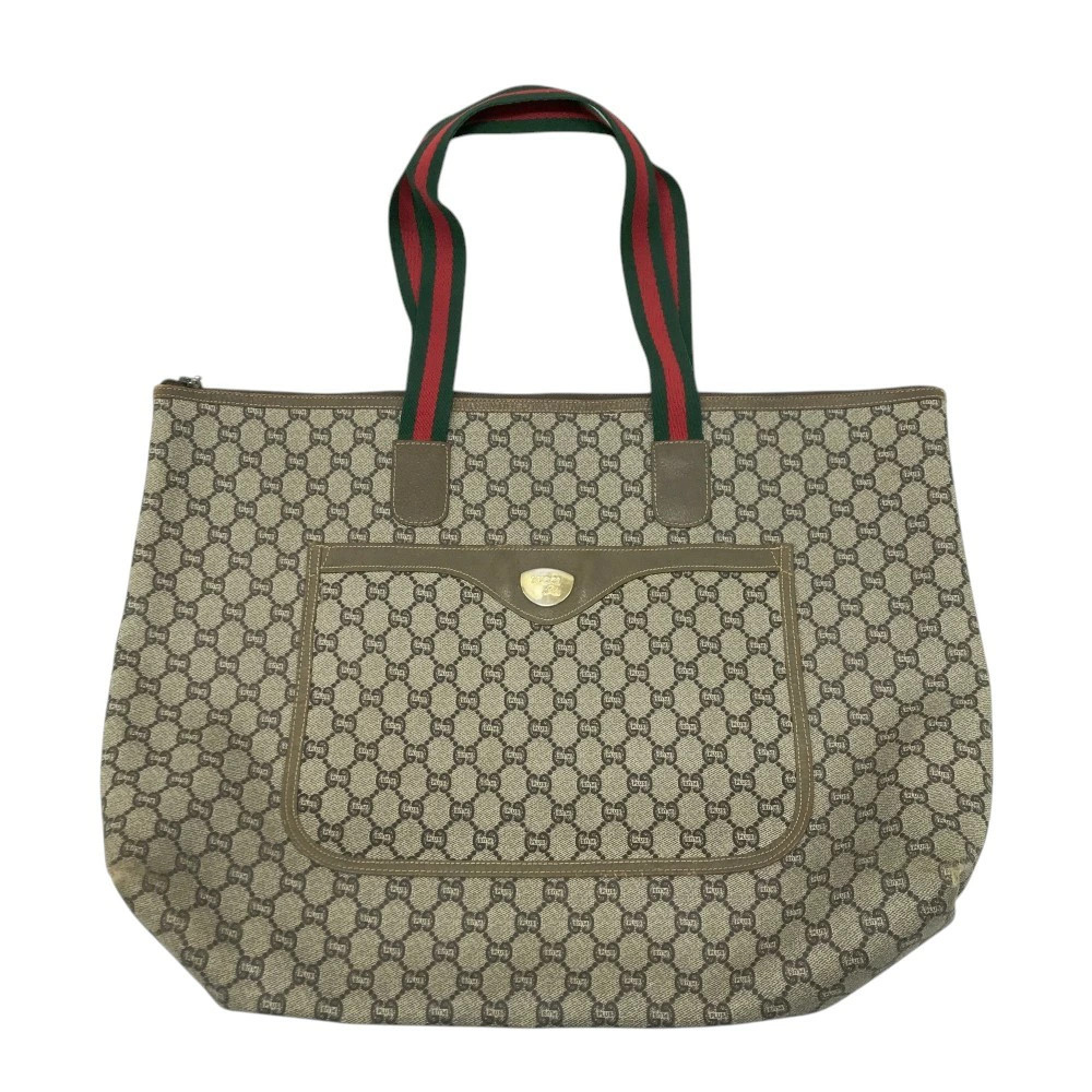Gucci Sherry Line GG Pattern Brown Canvas Leather Plus Tote Bag Authentic