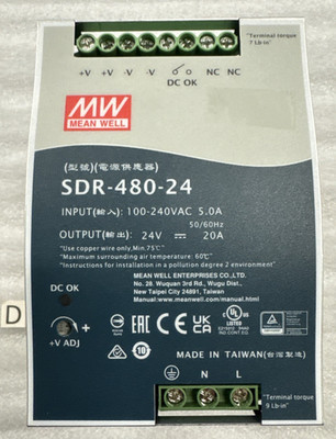 Mean Well SDR-480-24 DIN-Rail Power Supply 24V, 100-240 VAC, 20.0A