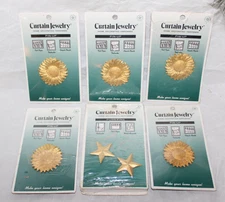New Lot of 6 Curtain Jewelry Push Pin Gold Metal Sunflowers & Stars Tiebacks