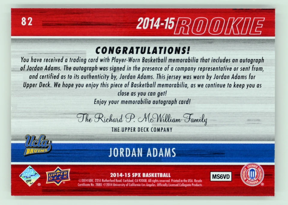 2014-15 SPx #82 Jordan Adams /499 Auto UCLA Bruins - Image 2 of 2